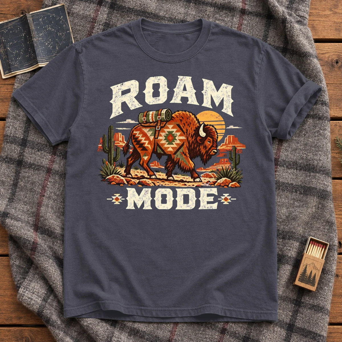 Roam Mode Desert Bison Graphic Tee on Navy Premium Tee