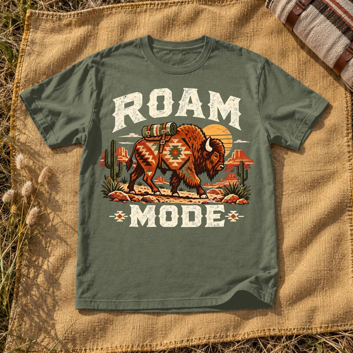 Roam Mode Desert Bison Graphic Tee on Moss Premium Tee