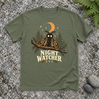 Night Watcher Moth Graphic Tee on Military Green Everyday Soft Tee