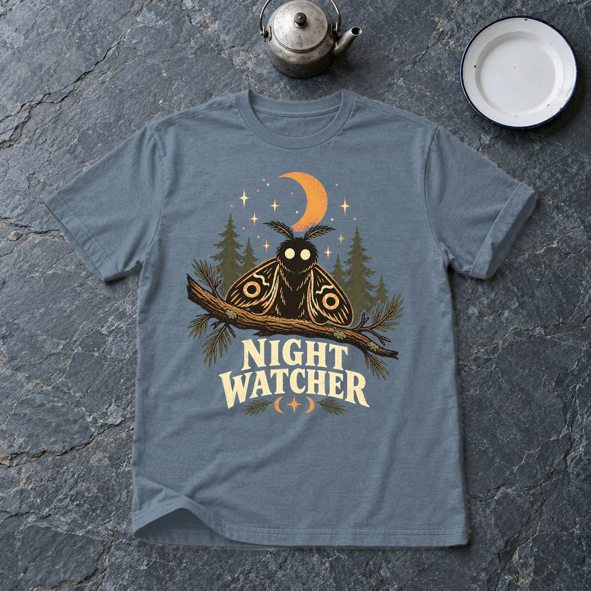 Night Watcher Moth Graphic Tee on Heather Indigo Everyday Soft Tee