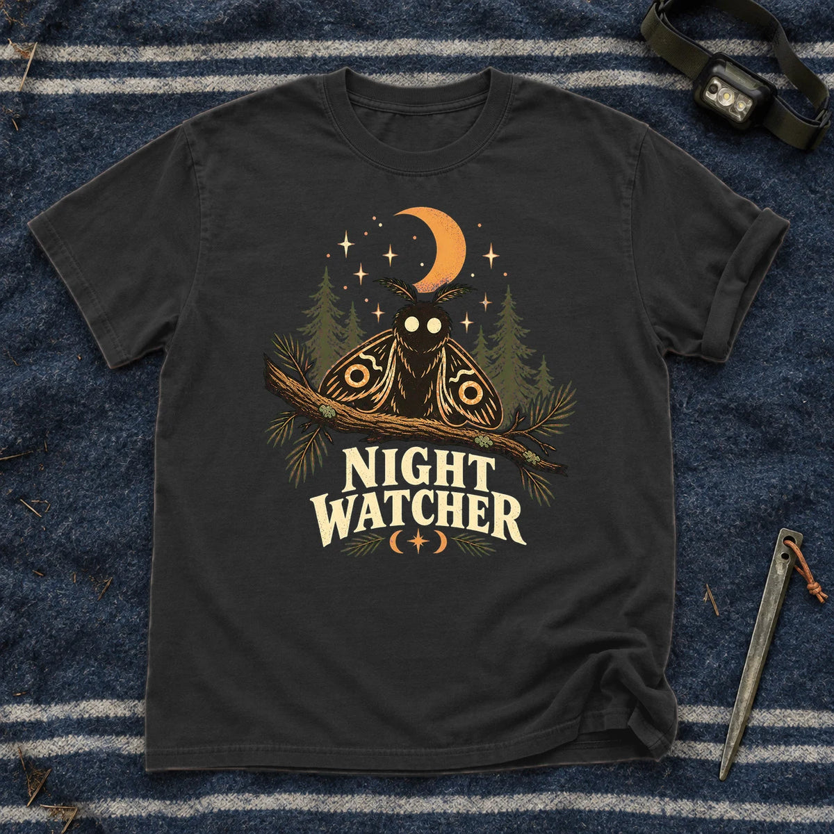 Night Watcher Moth Graphic Tee on Black Premium Tee