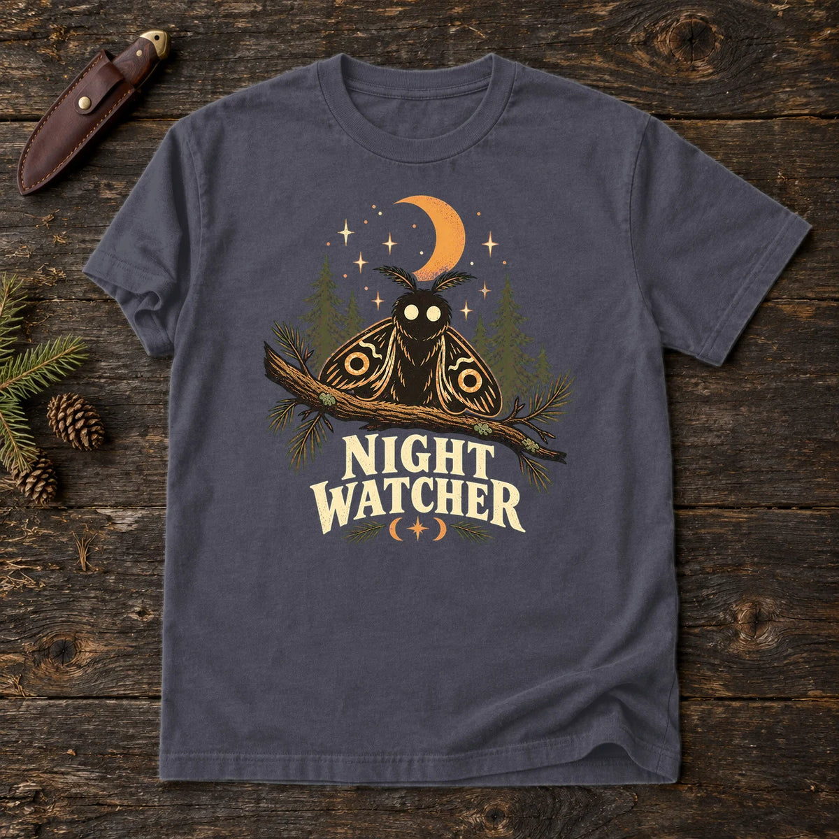 Night Watcher Moth Graphic Tee on Navy Premium Tee