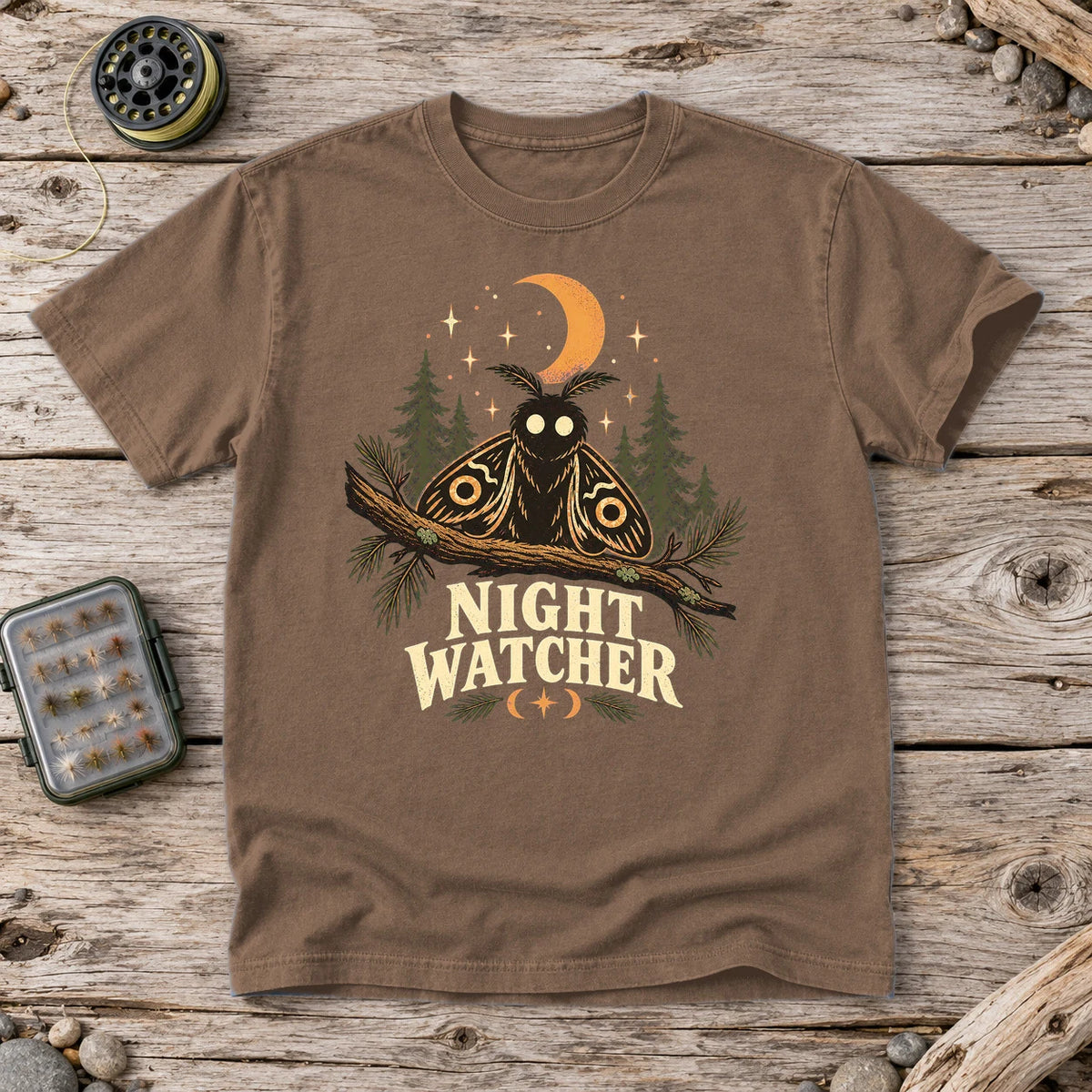 Night Watcher Moth Graphic Tee on Espresso Premium Tee
