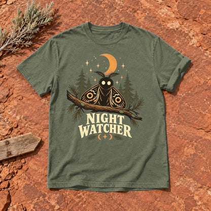 Night Watcher Moth Graphic Tee on Moss Premium Tee