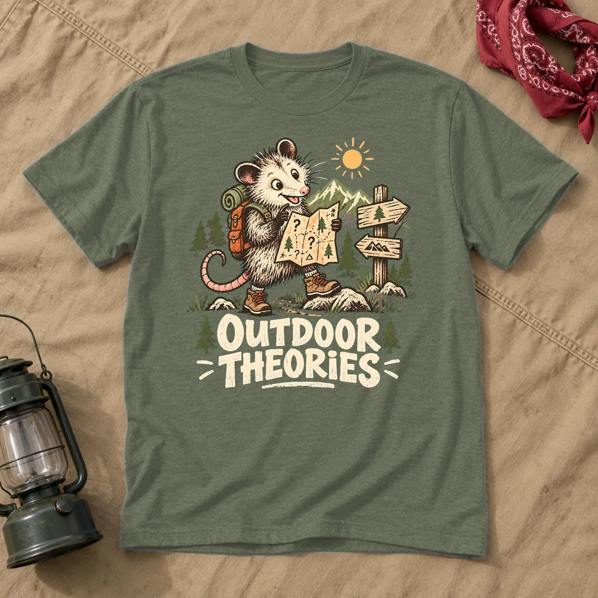 Outdoor Theories Possum Graphic Tee on Military Green Everyday Soft Tee