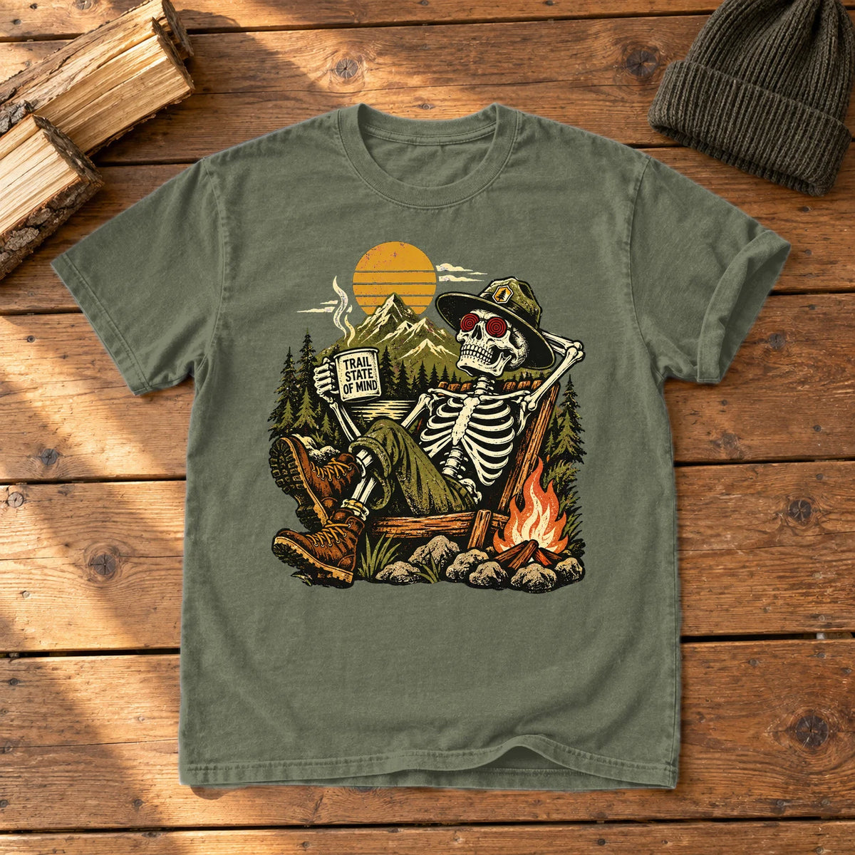 Trail State of Mind Skeleton Graphic Tee on Moss Premium Tee
