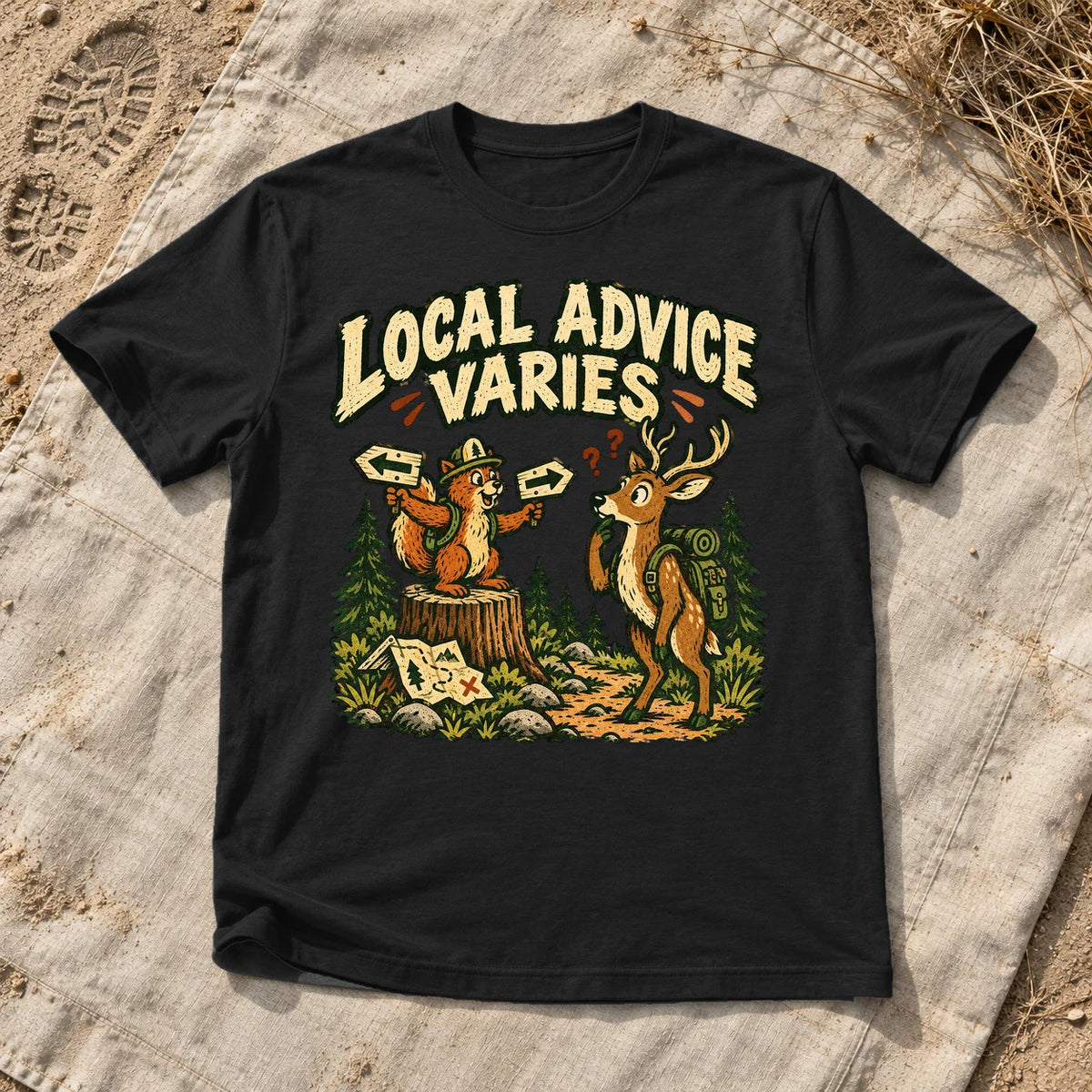 Local Advice Varies Vintage Trail Graphic Tee on Black Everyday Soft Tee