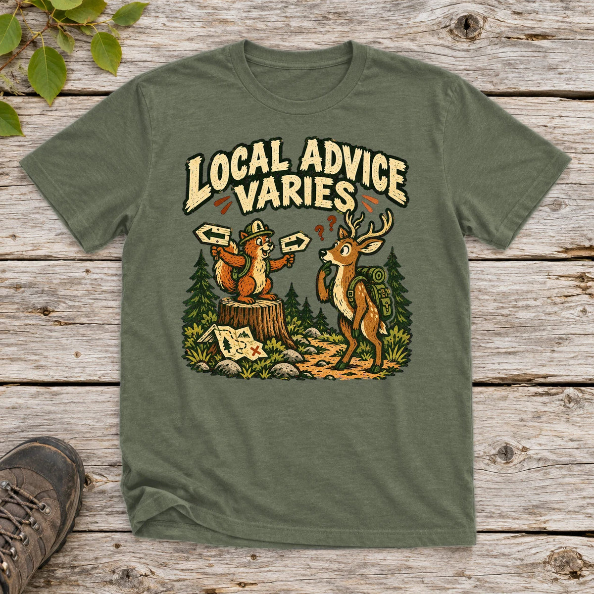 Local Advice Varies Vintage Trail Graphic Tee on Military Green Everyday Soft Tee