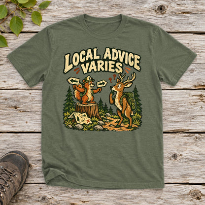 Local Advice Varies Vintage Trail Graphic Tee on Military Green Everyday Soft Tee