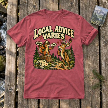 Local Advice Varies Vintage Trail Graphic Tee on Heather Red Everyday Soft Tee