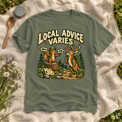 Local Advice Varies Vintage Trail Graphic Tee on Moss Premium Tee
