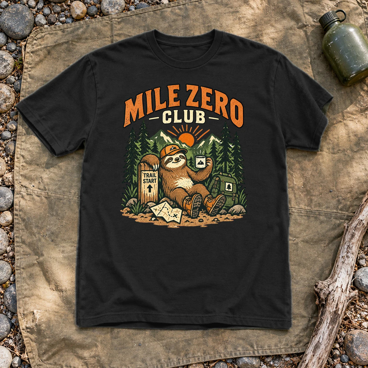 Mile Zero Club Sloth Hiking Graphic Tee on Black Everyday Soft Tee