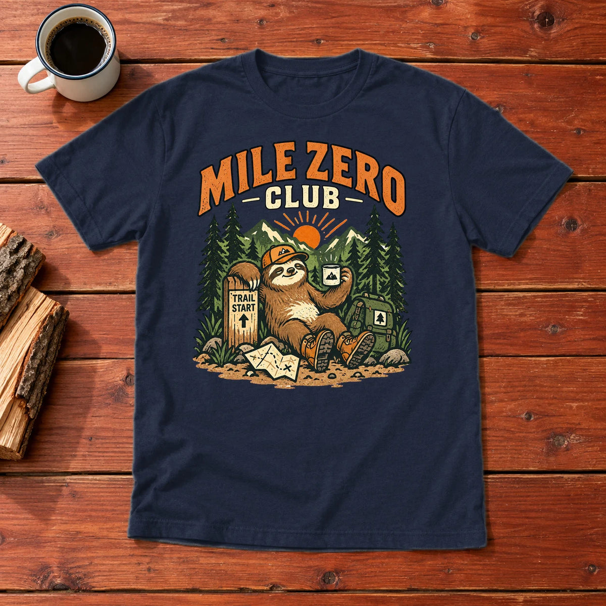 Mile Zero Club Sloth Hiking Graphic Tee on Navy Everyday Soft Tee