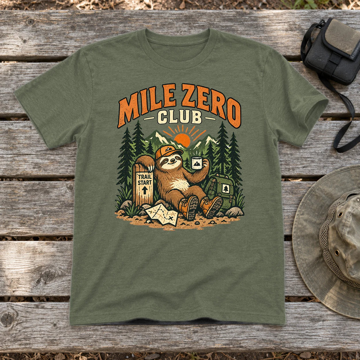 Mile Zero Club Sloth Hiking Graphic Tee on Military Green Everyday Soft Tee