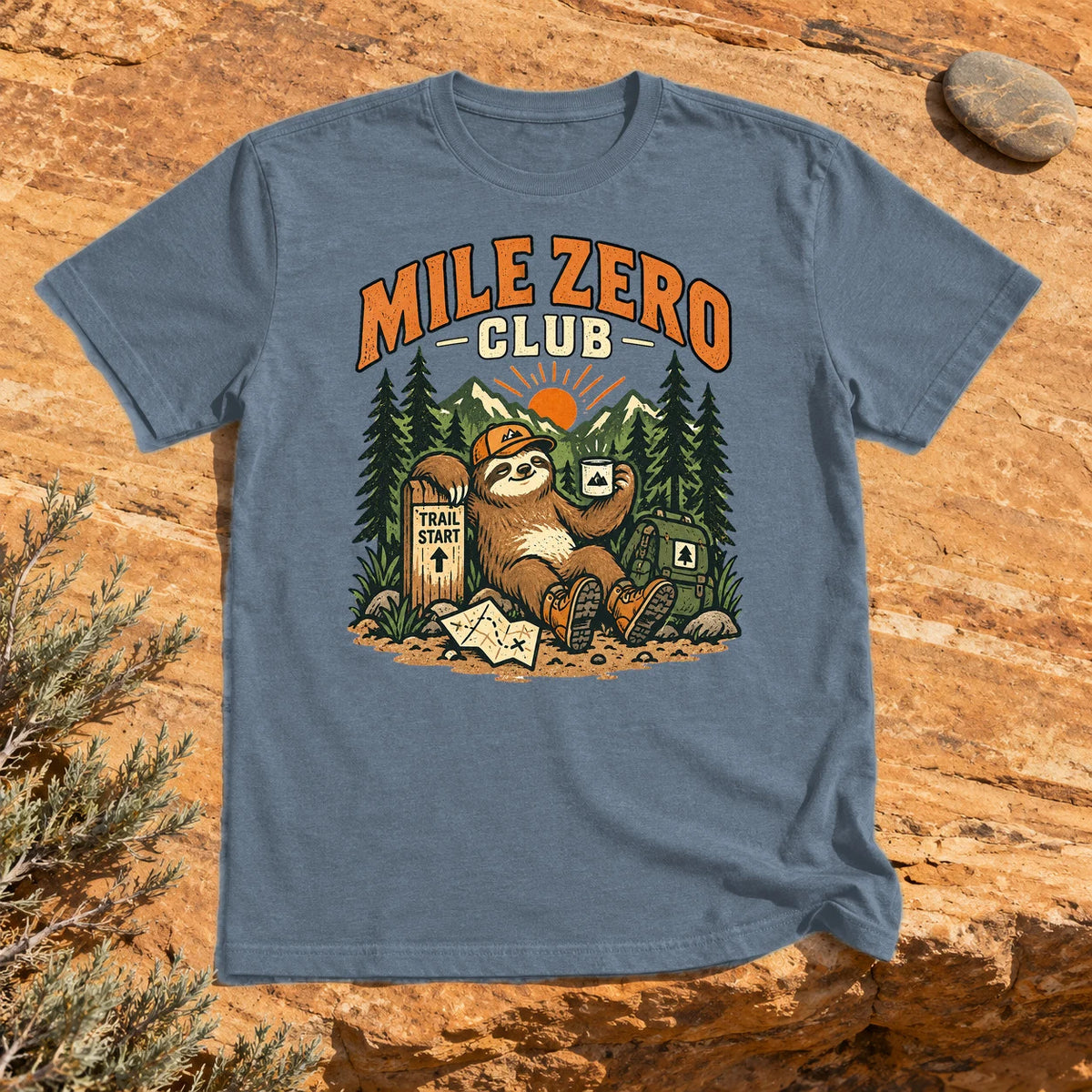 Mile Zero Club Sloth Hiking Graphic Tee on Heather Indigo Everyday Soft Tee