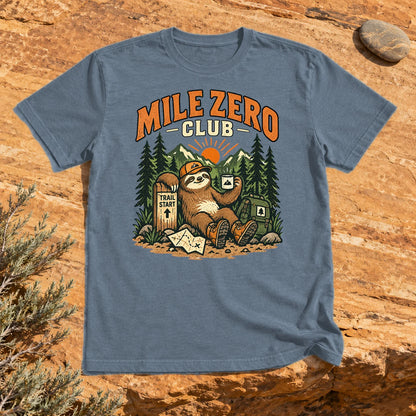 Mile Zero Club Sloth Hiking Graphic Tee on Heather Indigo Everyday Soft Tee