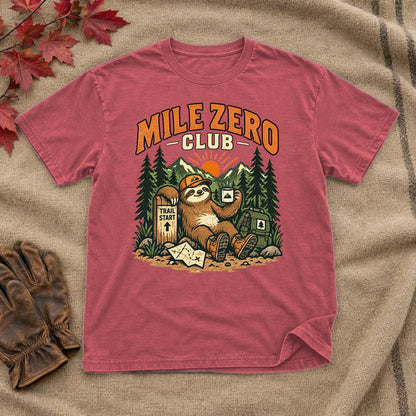 Mile Zero Club Sloth Hiking Graphic Tee on Heather Red Everyday Soft Tee
