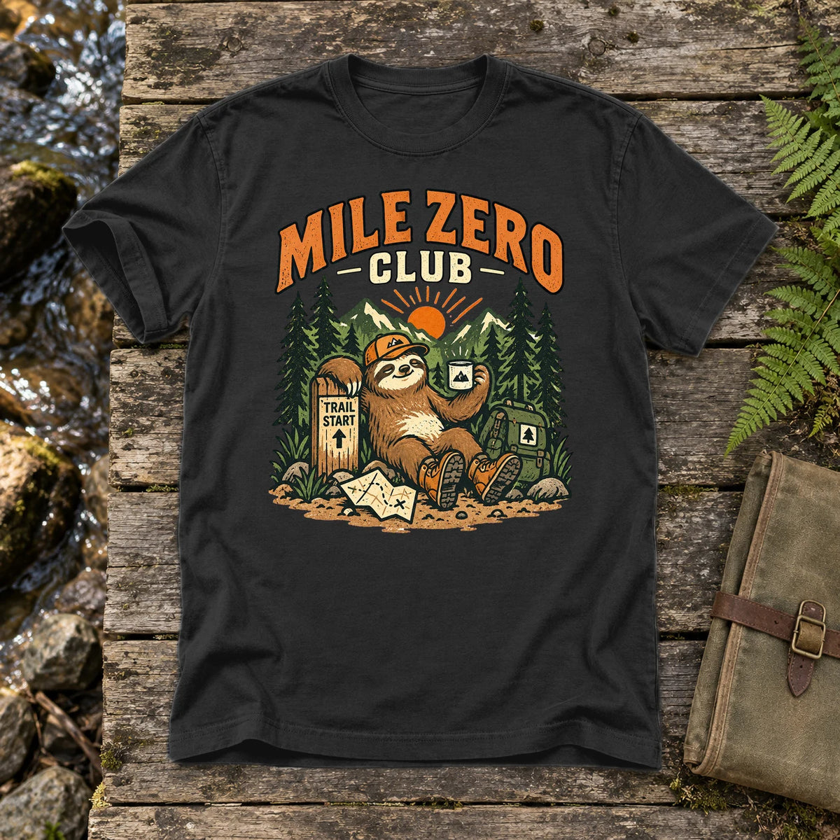 Mile Zero Club Sloth Hiking Graphic Tee on Black Premium Tee