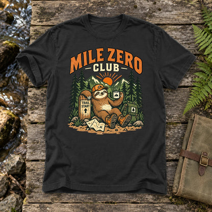 Mile Zero Club Sloth Hiking Graphic Tee on Black Premium Tee