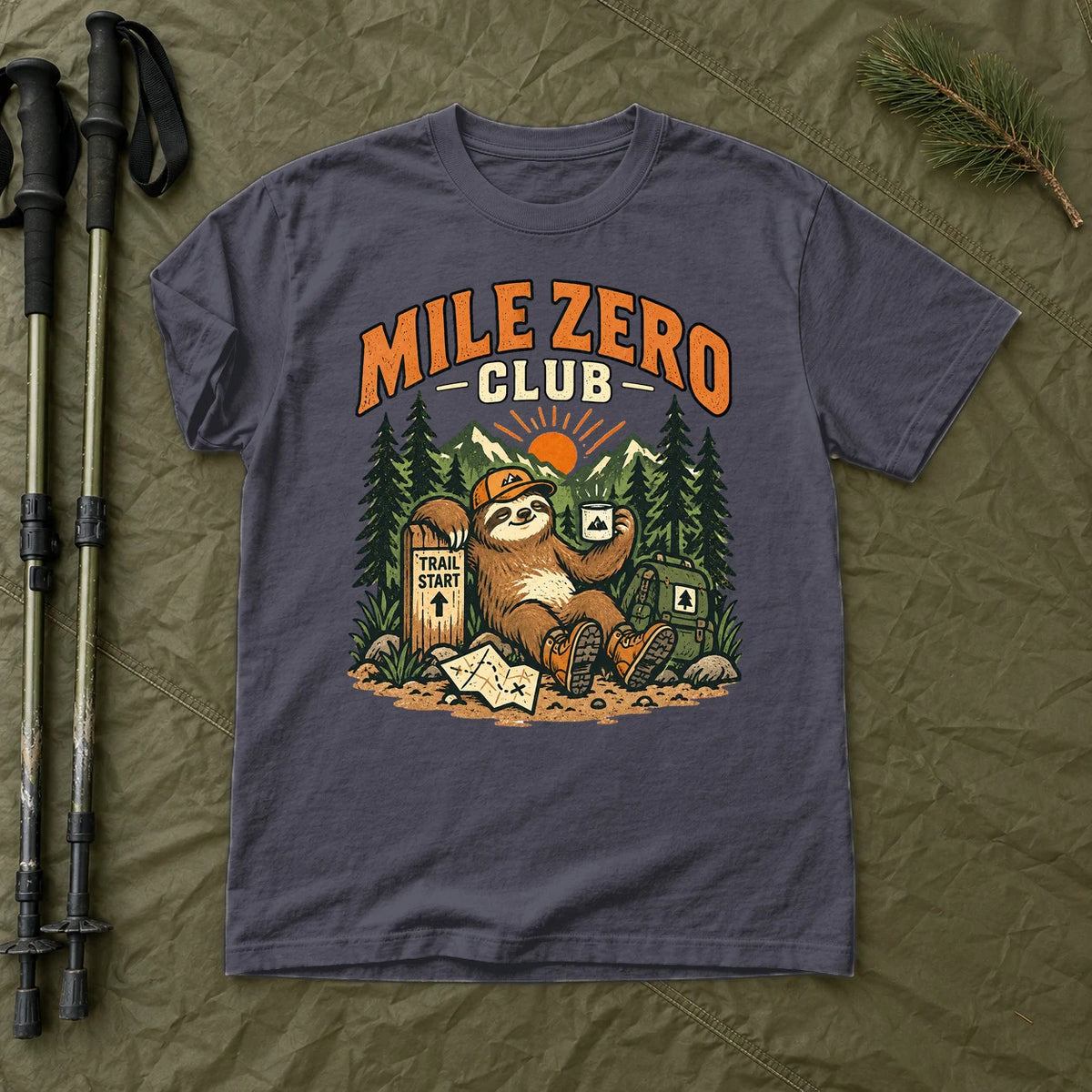 Mile Zero Club Sloth Hiking Graphic Tee on Navy Premium Tee