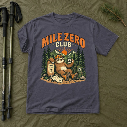 Mile Zero Club Sloth Hiking Graphic Tee on Navy Premium Tee