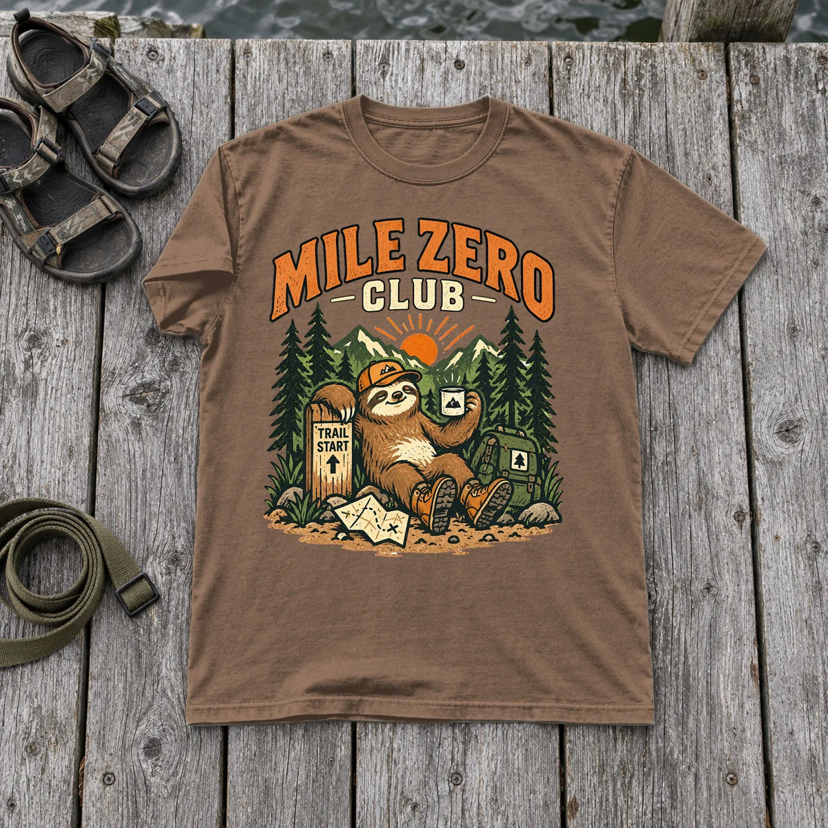 Mile Zero Club Sloth Hiking Graphic Tee on Espresso Premium Tee