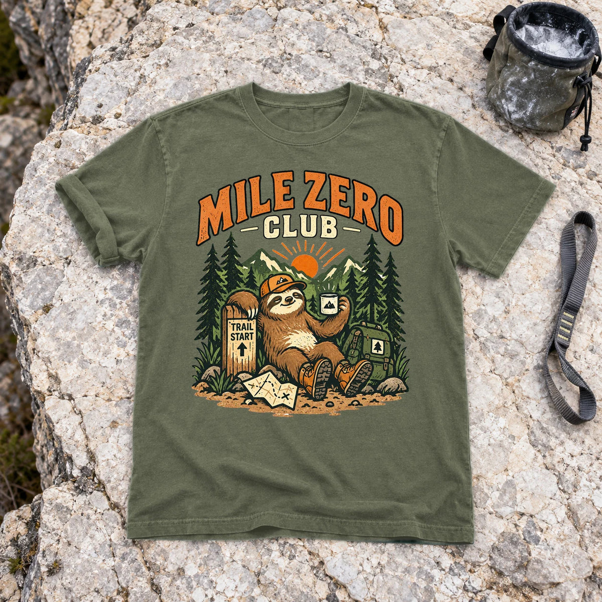 Mile Zero Club Sloth Hiking Graphic Tee on Moss Premium Tee