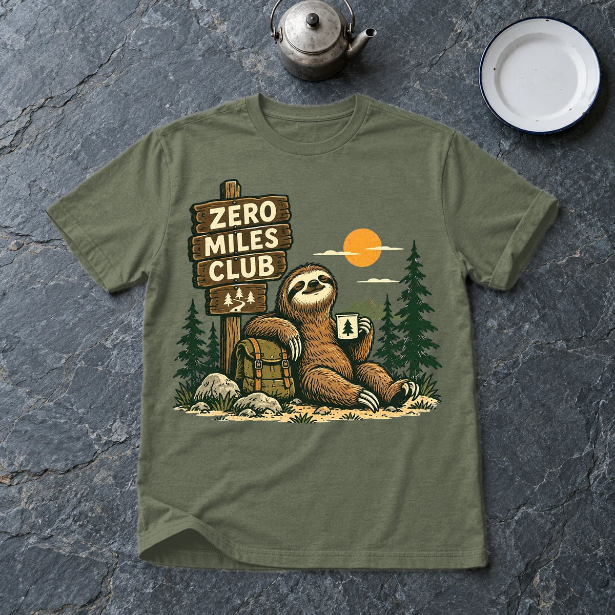 Zero Miles Club Sloth Graphic Tee on Military Green Everyday Soft Tee