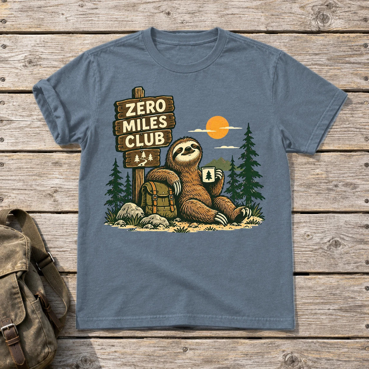 Zero Miles Club Sloth Graphic Tee on Heather Indigo Everyday Soft Tee