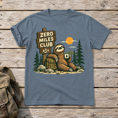 Zero Miles Club Sloth Graphic Tee on Heather Indigo Everyday Soft Tee