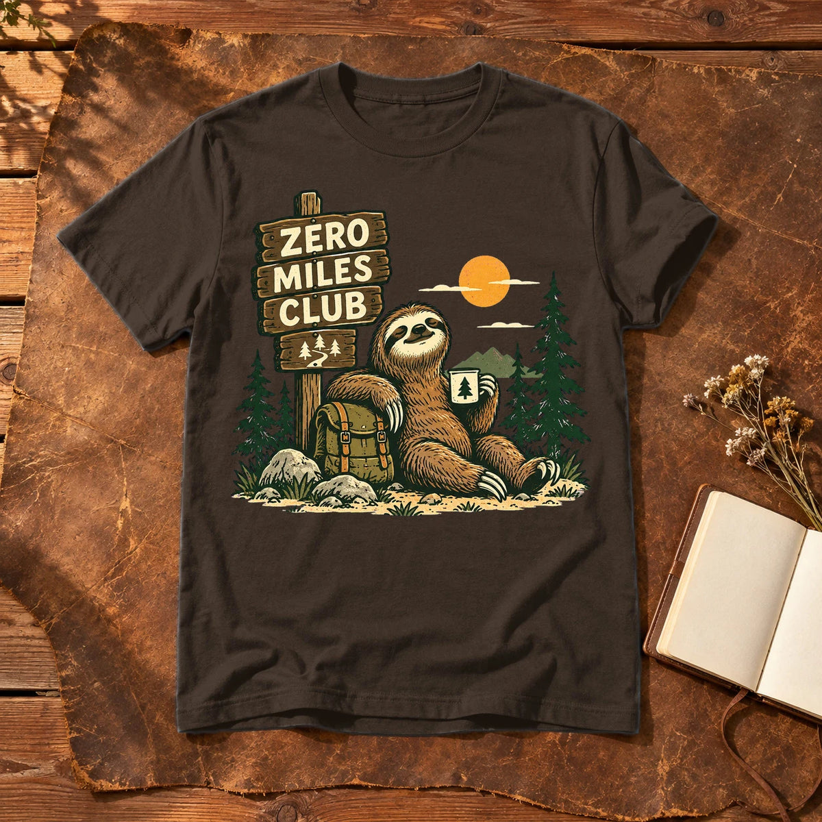 Zero Miles Club Sloth Graphic Tee on Dark Chocolate Everyday Soft Tee