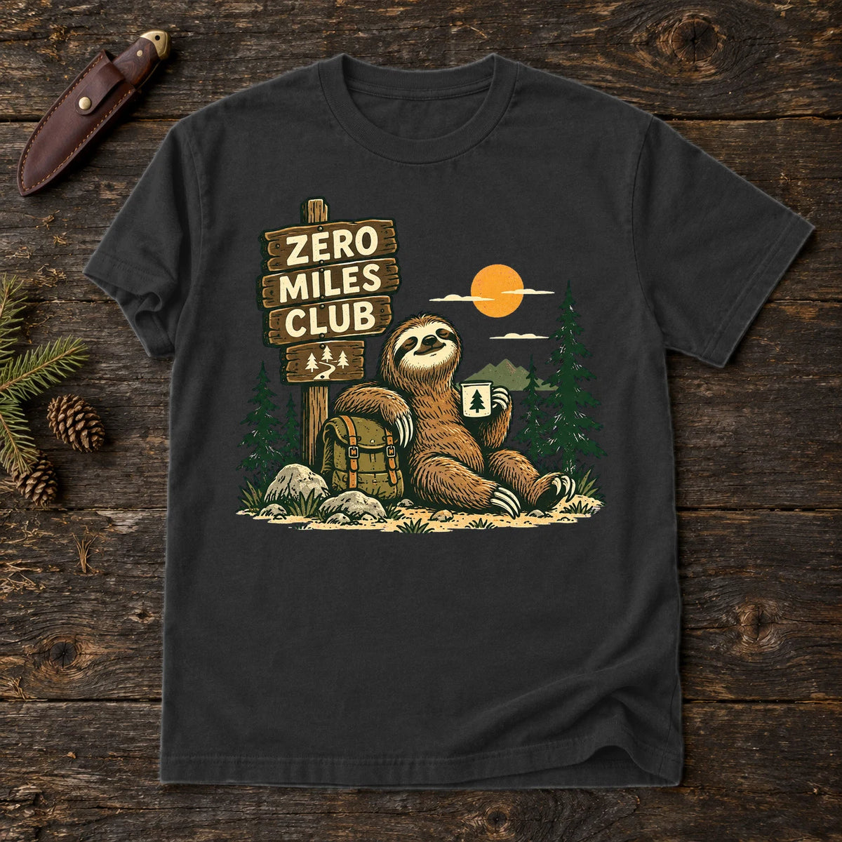 Zero Miles Club Sloth Graphic Tee on Black Premium Tee