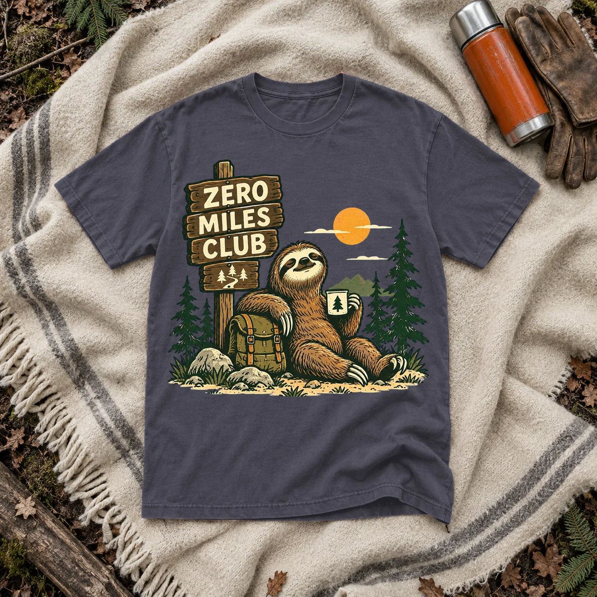 Zero Miles Club Sloth Graphic Tee on Navy Premium Tee