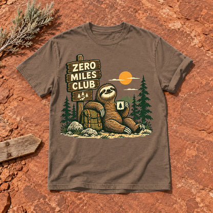 Zero Miles Club Sloth Graphic Tee on Espresso Premium Tee