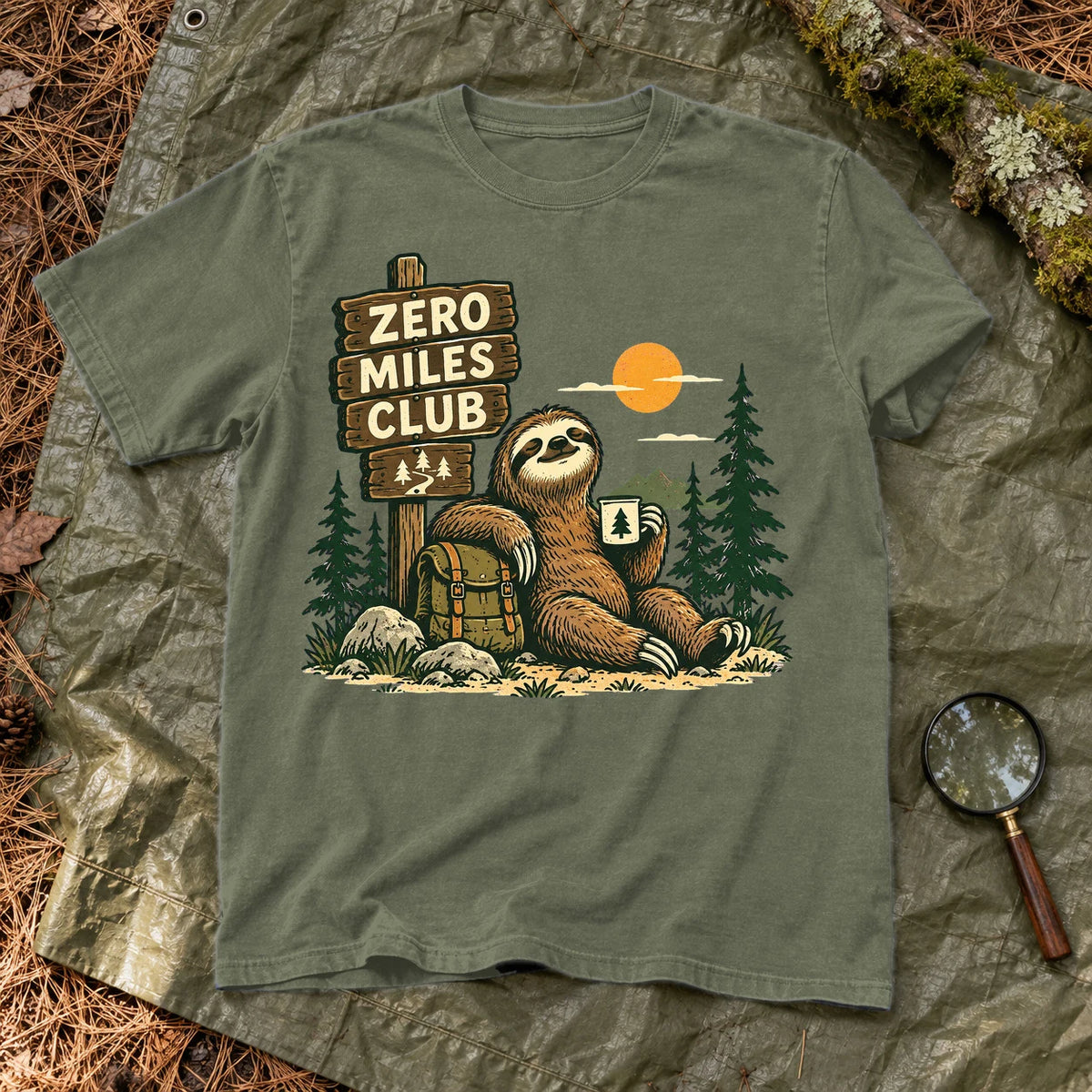 Zero Miles Club Sloth Graphic Tee on Moss Premium Tee