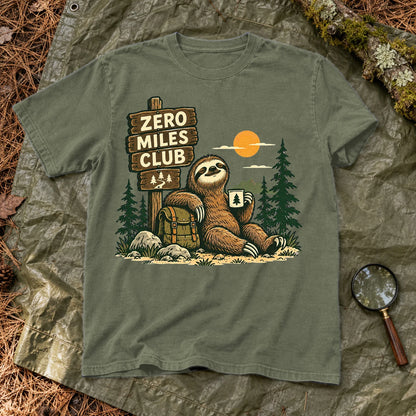 Zero Miles Club Sloth Graphic Tee on Moss Premium Tee