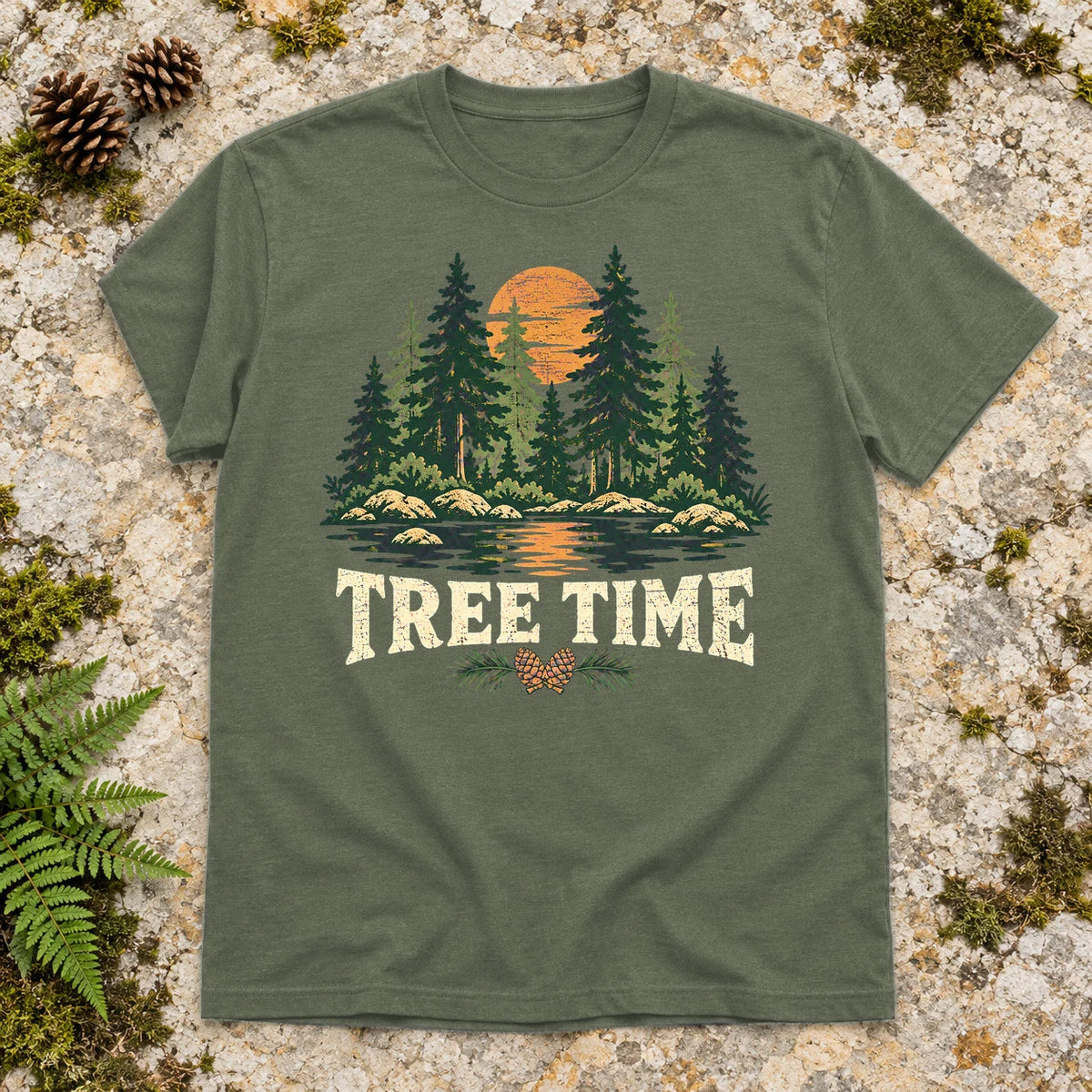 Tree Time Vintage Nature Graphic Tee on Military Green Everyday Soft Tee