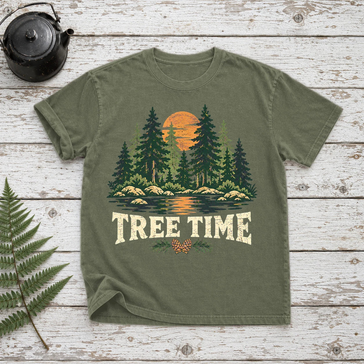 Tree Time Vintage Nature Graphic Tee on Moss Premium Tee