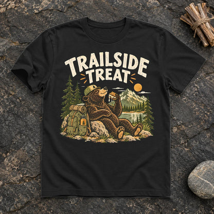 Trailside Treat Hiking Bear Graphic Tee on Black Everyday Soft Tee