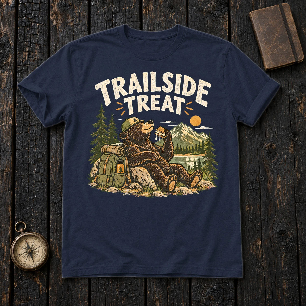 Trailside Treat Hiking Bear Graphic Tee on Navy Everyday Soft Tee