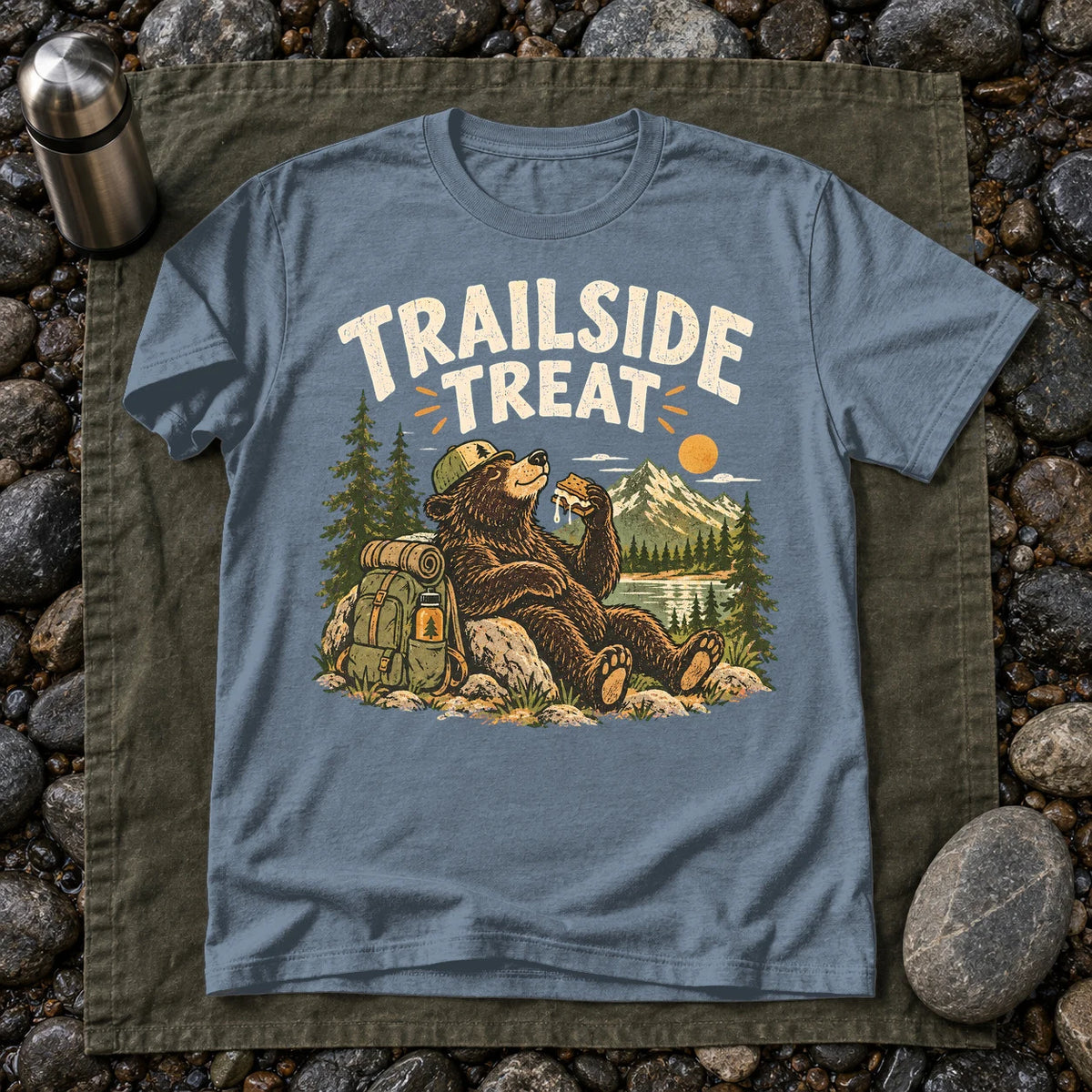 Trailside Treat Hiking Bear Graphic Tee on Heather Indigo Everyday Soft Tee