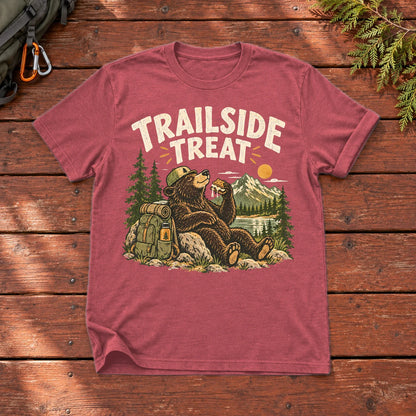 Trailside Treat Hiking Bear Graphic Tee on Heather Red Everyday Soft Tee