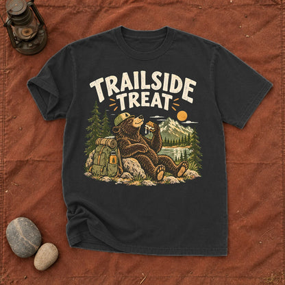 Trailside Treat Hiking Bear Graphic Tee on Black Premium Tee
