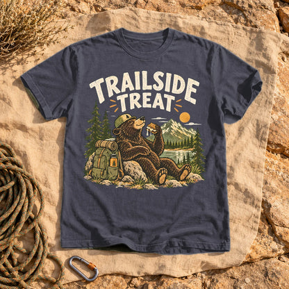Trailside Treat Hiking Bear Graphic Tee on Navy Premium Tee
