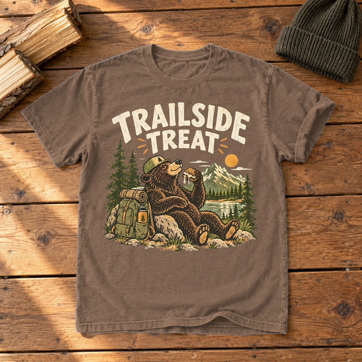 Trailside Treat Hiking Bear Graphic Tee on Espresso Premium Tee