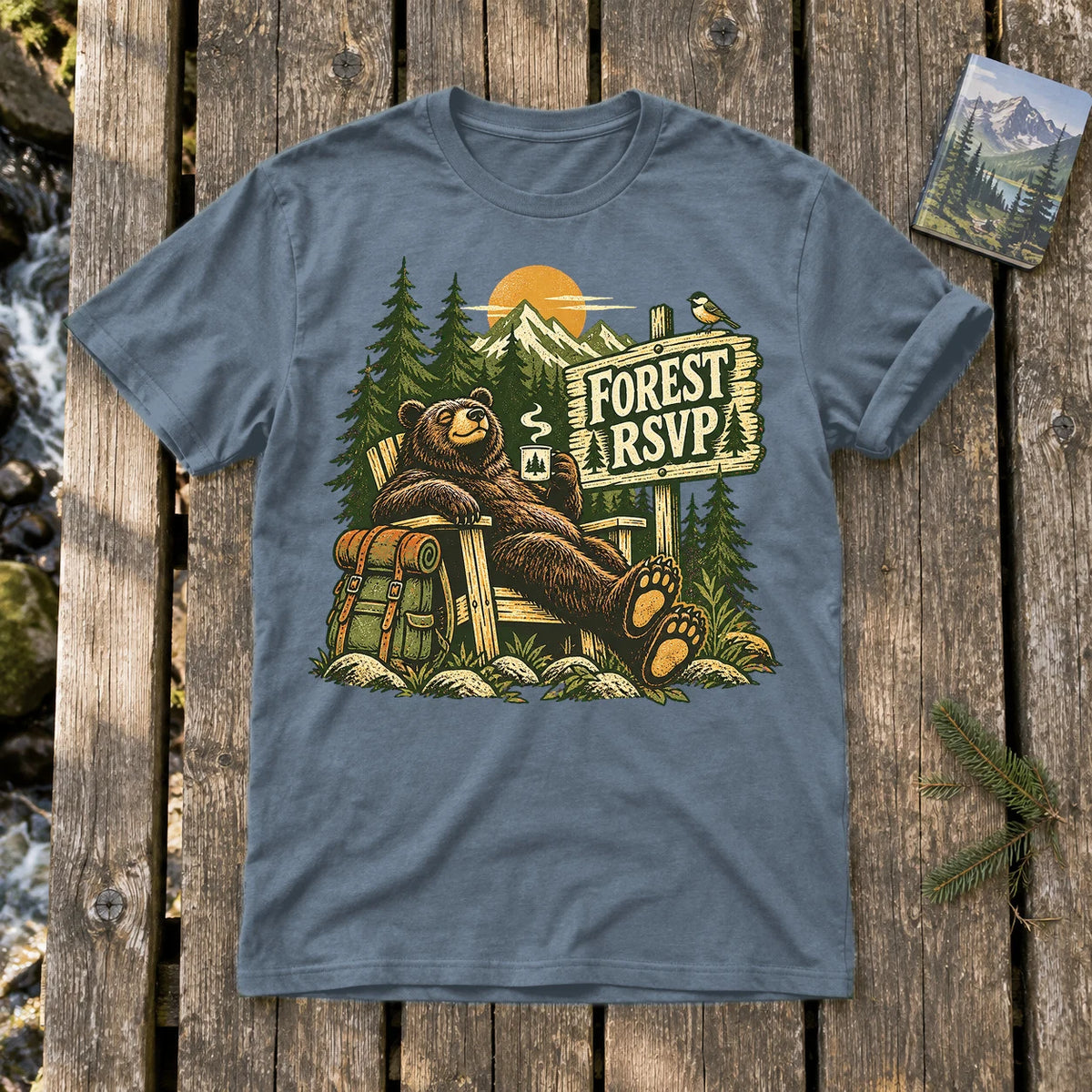 Forest RSVP Vintage Bear Graphic Tee on Heather Indigo Everyday Soft Tee