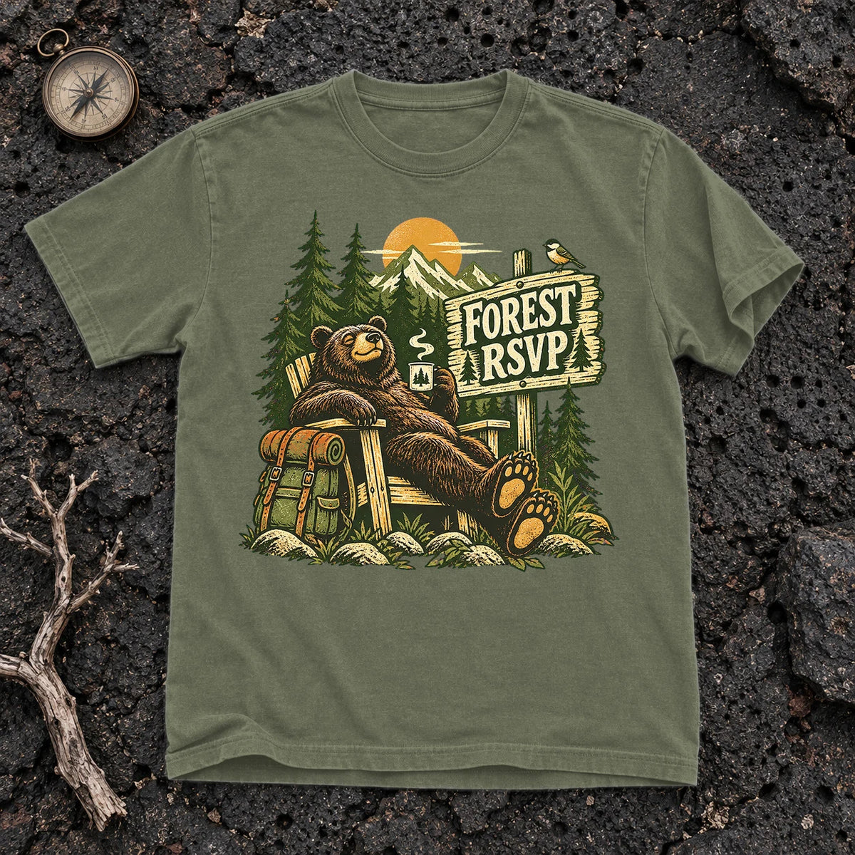 Forest RSVP Vintage Bear Graphic Tee on Moss Premium Tee