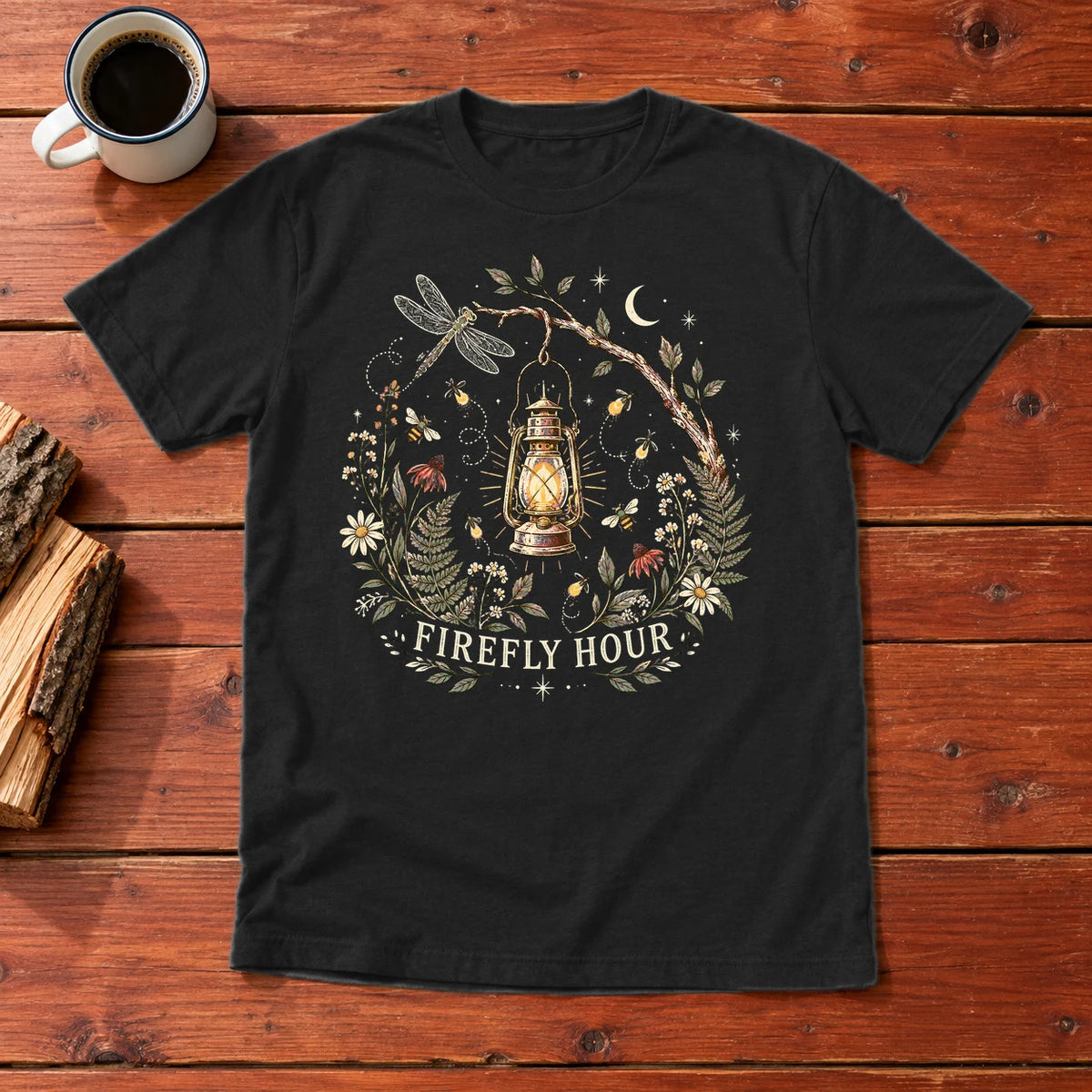 Firefly Hour Vintage Lantern Graphic Tee on Black Everyday Soft Tee