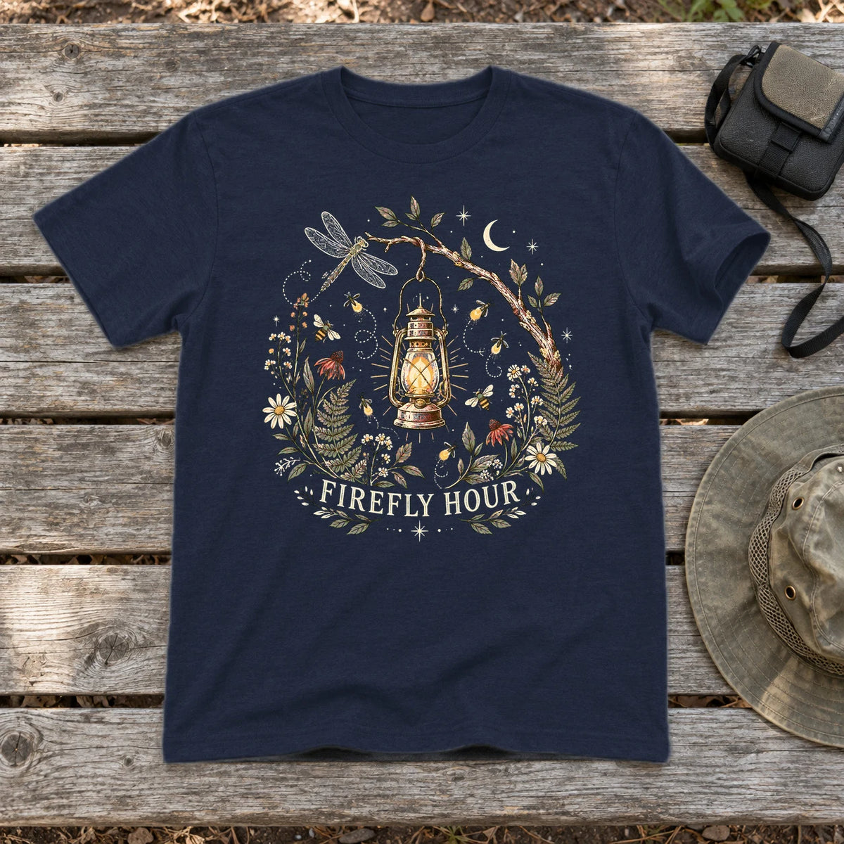 Firefly Hour Vintage Lantern Graphic Tee on Navy Everyday Soft Tee