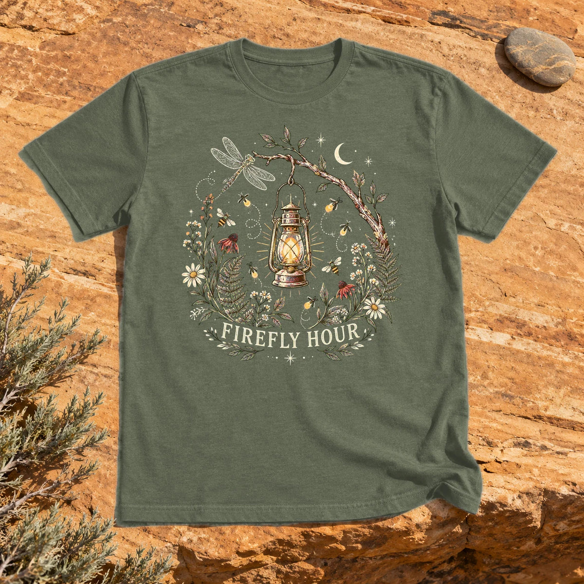 Firefly Hour Vintage Lantern Graphic Tee on Military Green Everyday Soft Tee